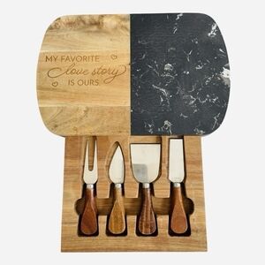 Wooden Slate Cheese Board Set with Cheese Knives My Favorite Love Story Is Ours